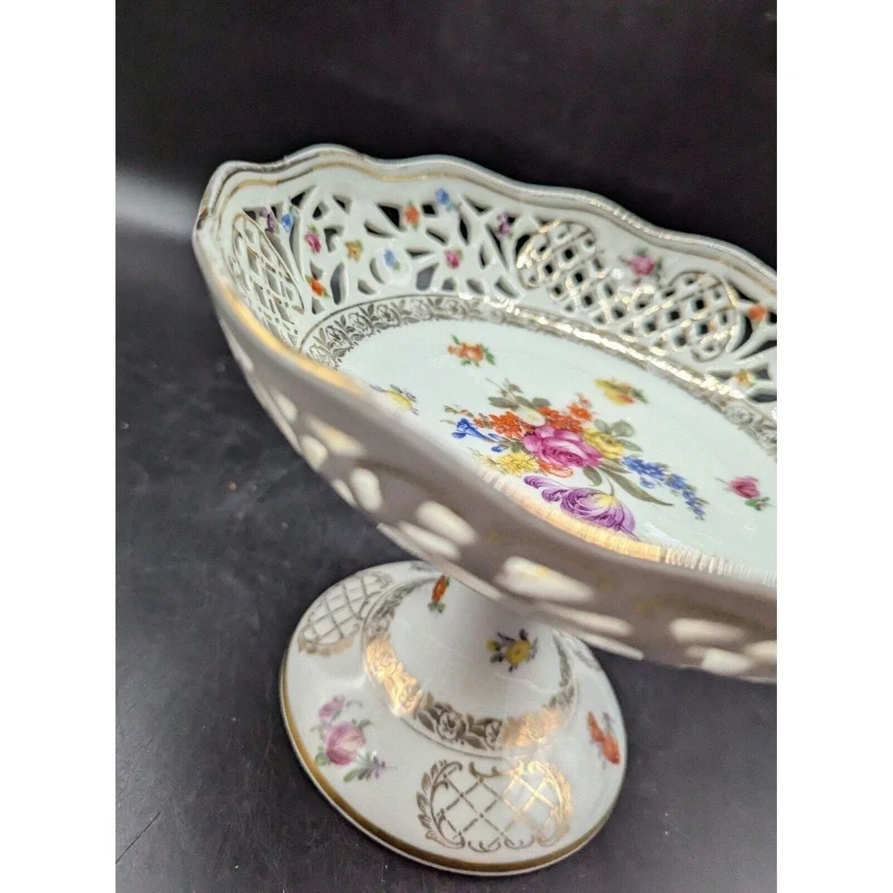 Schumann Dresden Hand Painted Round Floral Compote Pedestal Reticulated Bowl